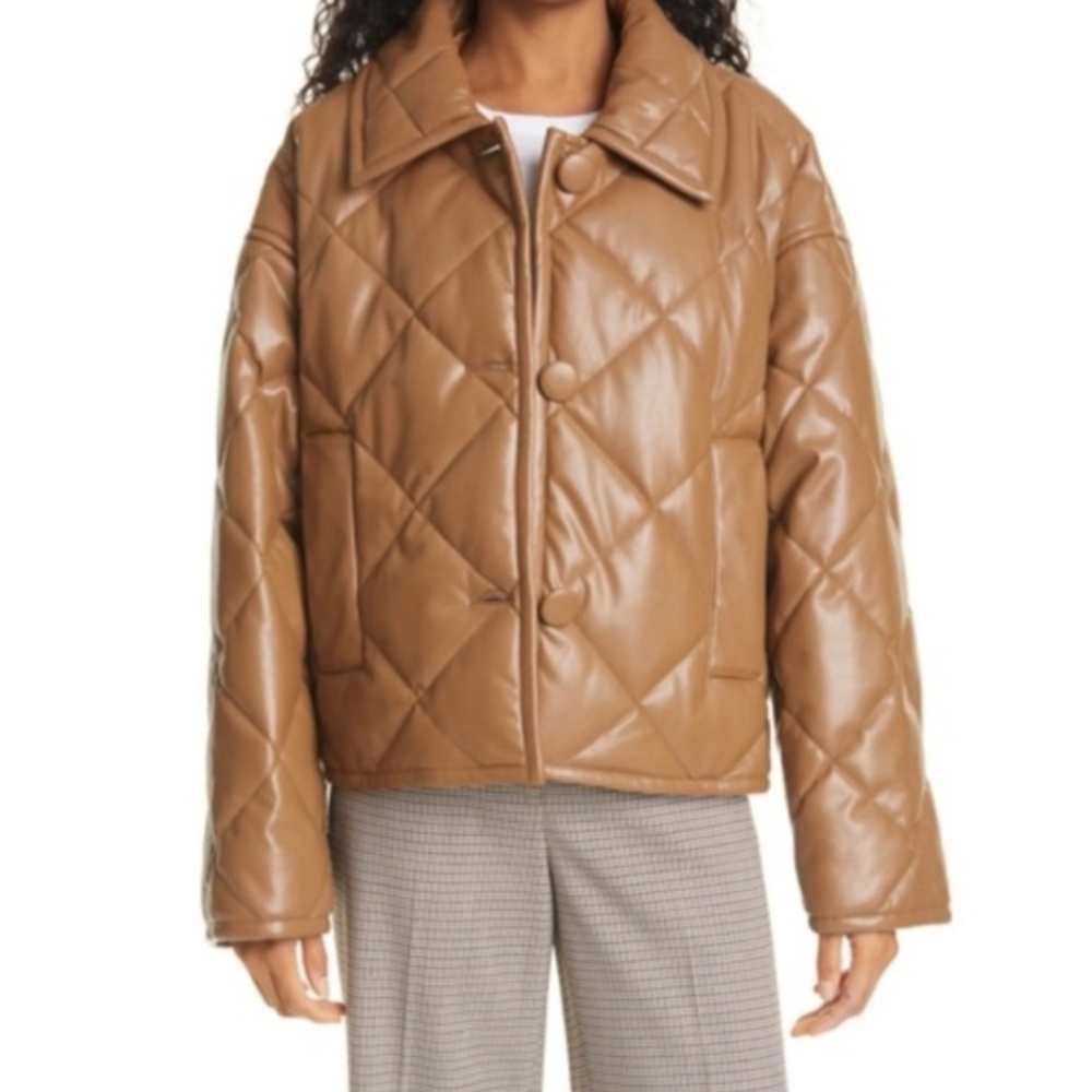 Stand Studio | Brown Faux Leather Quilted Boxy Fit Jacket Size 36 (Large)
